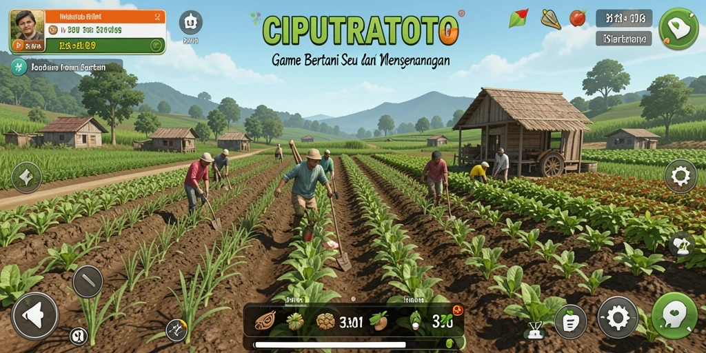 Antarmuka permainan CIPUTRATOTO yang menampilkan kebun bertani yang indah.