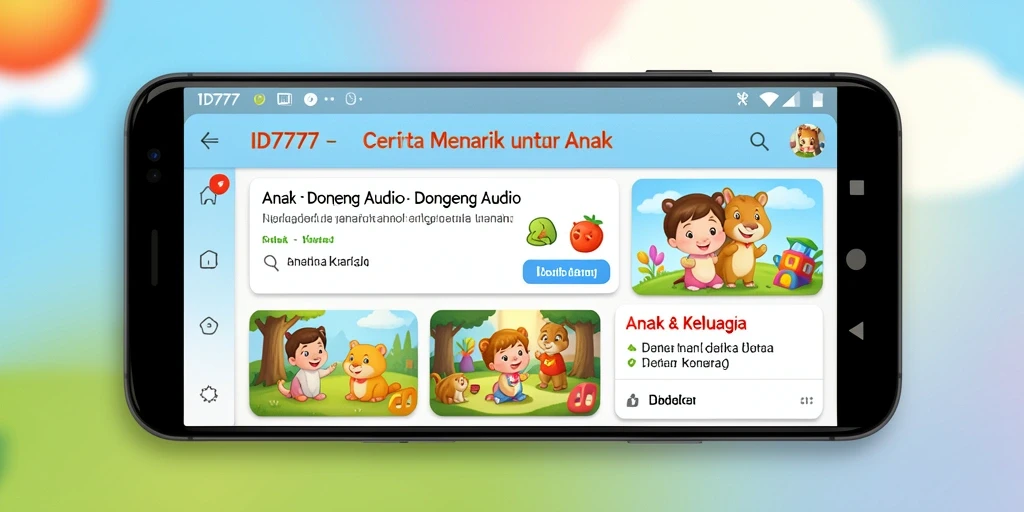 Tampilan antarmuka ID777 yang ramah anak saat mendengarkan dongeng audio.